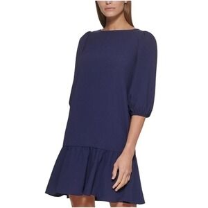 DKNY Navy Blue Dress Ruffle Hem Puff Sleeve Casual Career‎ Size 10